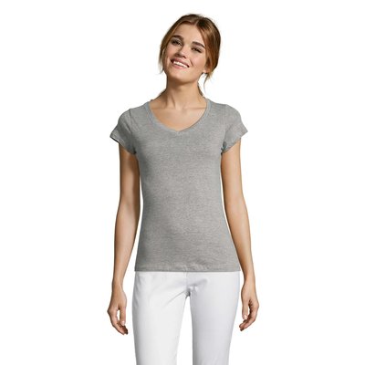 Camiseta Mujer Entallada Algodón Escote Pico Gris Jaspeado 3Xl