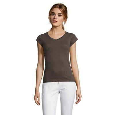 Camiseta Mujer Entallada Algodón Escote Pico Gris Oscuro S