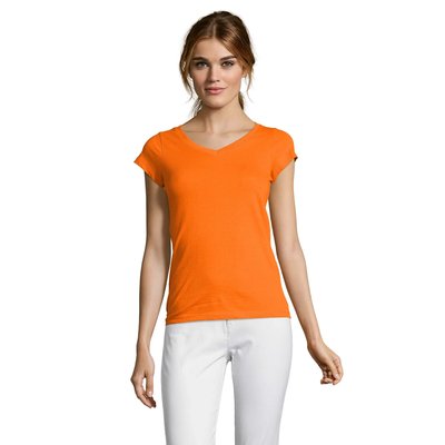 Camiseta Mujer Entallada Algodón Escote Pico Naranja Xxl