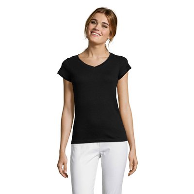 Camiseta Mujer Entallada Algodón Escote Pico Negro Profundo Xxl