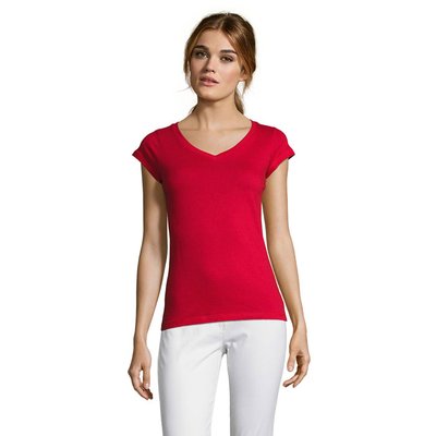 Camiseta Mujer Entallada Algodón Escote Pico Rojo S