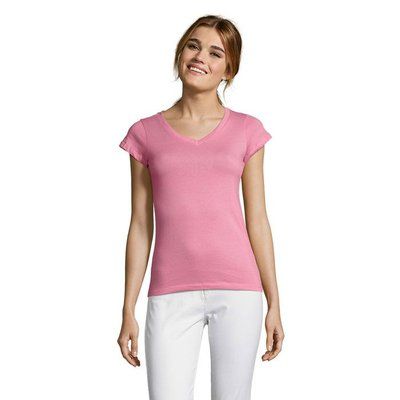 Camiseta Mujer Entallada Algodón Escote Pico Rosa Orquídea S