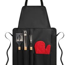 Delantal con bolsillos y 4 utensilios para BBQ Negro