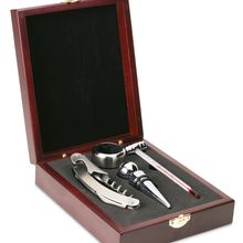 Elegante set de vino con 4 piezas en caja de madera Plata