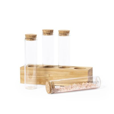 Especiero bambú con 4 tarros de cristal