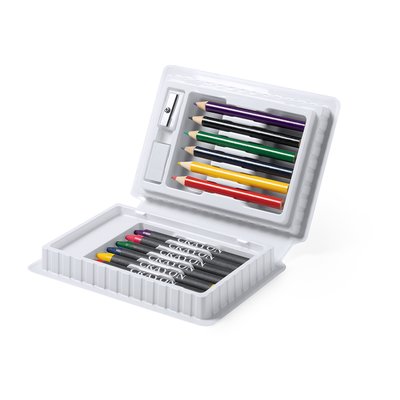 Estuche con lápices, ceras, sacapuntas y goma de borrar