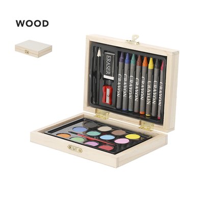 Estuche de madera con acuarelas y ceras