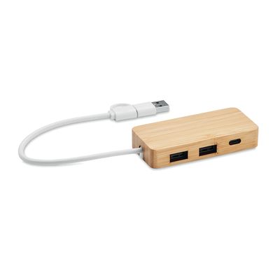 Hub 3 Puertos Bambú Cable 20cm