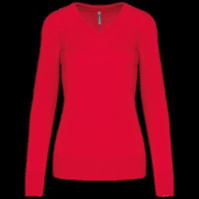 Jersey de punto cuello de pico para mujer Red L