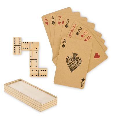Juego de dominó de madera y cartas recicladas