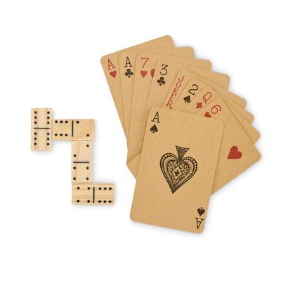 Juego de dominó de madera y cartas recicladas