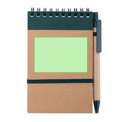 Libreta ecológica y boli de cartón reciclado 9,7x14,4 cm | Centrado, sobre el elástico | 75 x 50