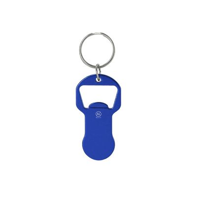 Llavero con moneda carro y abridor de aluminio reciclado Azul