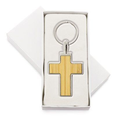 Llavero de bambú con diseño de cruz