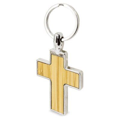 Llavero de bambú con diseño de cruz