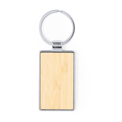 Llavero de bambú y metal cromado rectangular Brec