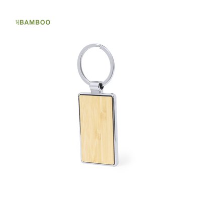 Llavero de bambú y metal cromado rectangular
