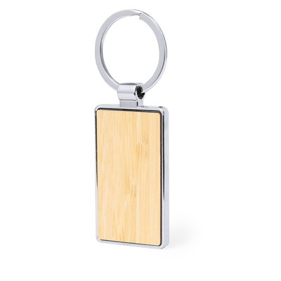Llavero de bambú y metal cromado rectangular