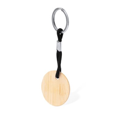 Llavero redondo de bambú con cordón Neg