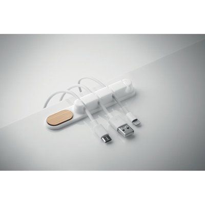 Organizador de cables de silicona con detalle de bambú