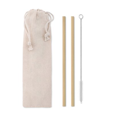 Pajitas ecológicas reutilizables de bambú con cepillo y funda Beig