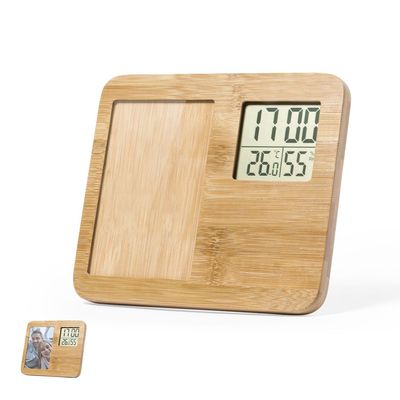 Portafotos Reloj y Termómetro de Bambú