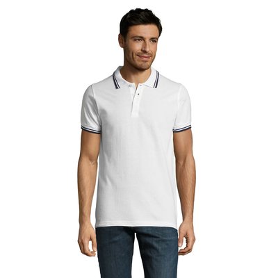 Polo Hombre Cuello Rayado 200g Blanco/Azul Marino M