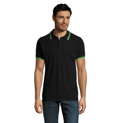Polo Hombre Cuello Rayado 200g Negro/Lima L