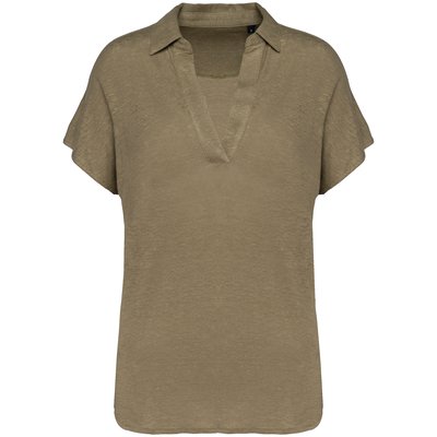 Polo de lino mujer ajustado mangas caídas Light Olive Green XS