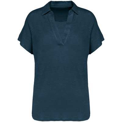 Polo de lino mujer ajustado mangas caídas Peacock Blue M
