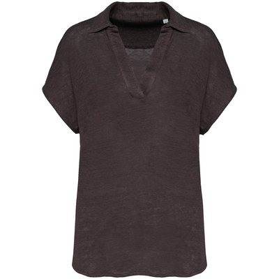 Polo de lino mujer ajustado mangas caídas Stone Grey S