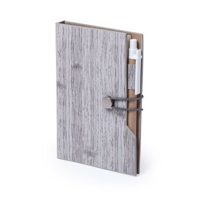 Portanotas en polipiel estilo madera y bolígrafo de cartón reciclado Gri