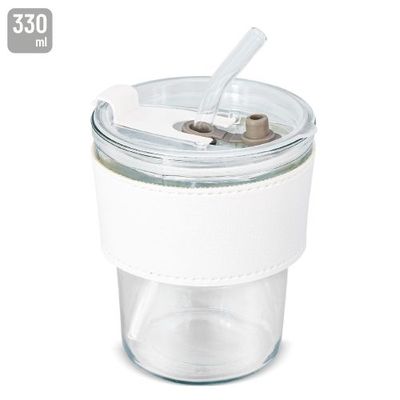 Producto Vaso de cristal con pajita, tapa y banda de PU