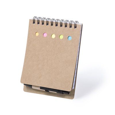 Producto Bloc de notas con notas adhesivas y boli de cartón reciclado 9,5x13,2 cm