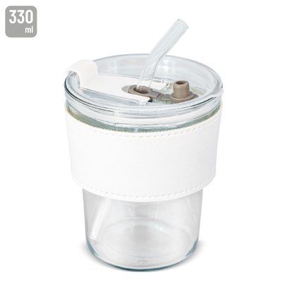 Producto Vaso de cristal con pajita, tapa y banda de PU