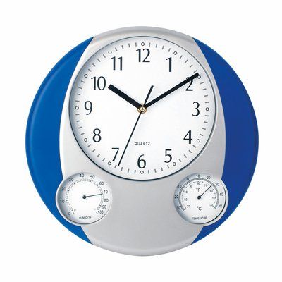 Reloj de pared con termómetro y medidor de humedad Azul