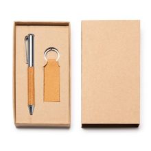 Set bolígrafo y llavero de piel reciclada Crudo Tinta Azul