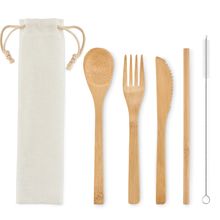 Set Cubiertos Bambú con Limpiador Pajita Beig