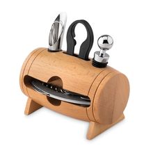 Set de vino con soporte en forma de barril Madera
