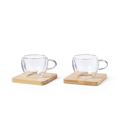 Set Tazas Doble Cristal y Posavasos Bambú