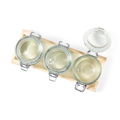 Set de 3 Tarros Cristal 230ml Bandeja Madera