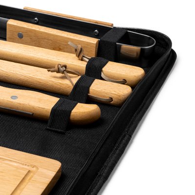 Set barbacoa con accesorios de acero inox y madera