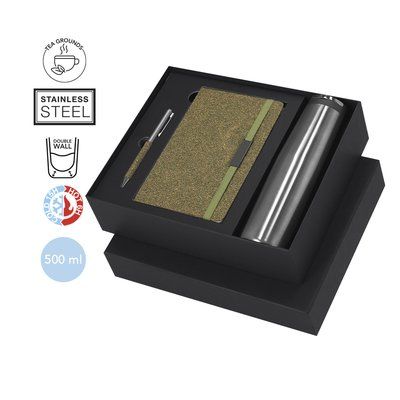 Set bloc de notas, bolígrafo y bidón térmico