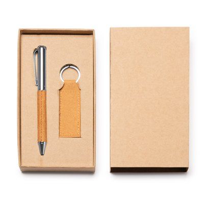 Set bolígrafo y llavero de piel reciclada Crudo Tinta Azul