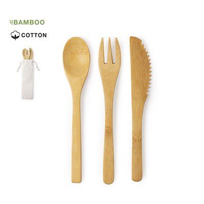 Set ecológico con 3 cubiertos de bambú y funda de algodón