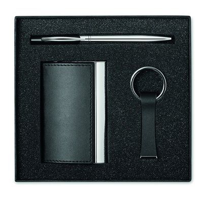 Set de regalo con bolígrafo, llavero y tarjetero metálico
