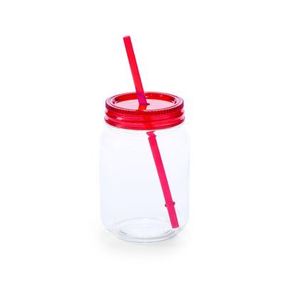 Tarro transparente con pajita y tapa Roj