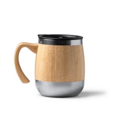 Taza de acero inoxidable y bambú con tapa Crudo