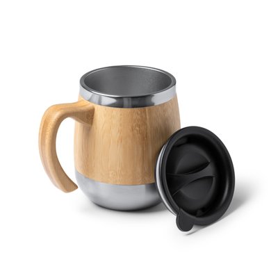 Taza de acero inoxidable y bambú con tapa