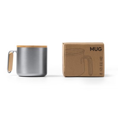 Taza de acero reciclado con asa y tapa de bambú